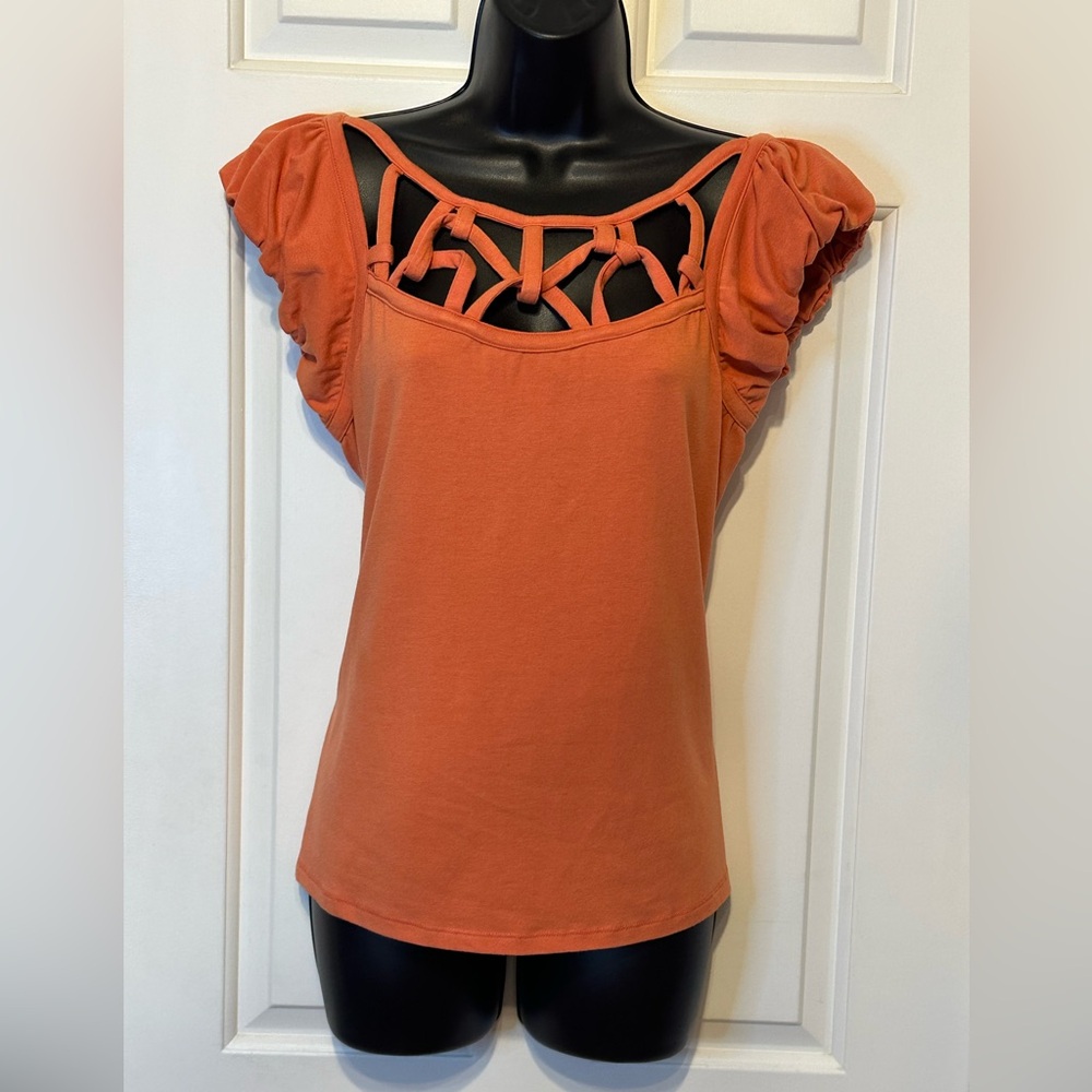 💙ST32-Platinum Design Orange Women's Top with Unique Knot Design.